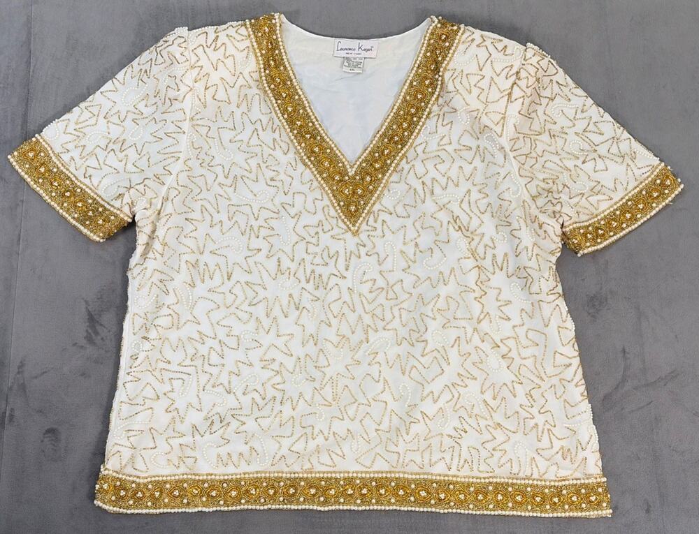 Laurence Kazar Ivory & Gold Sequined Beaded Pearl Silk Blouse Luxury XXL Charity - Picture 1 of 10